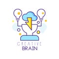 Colorful linear logo design with human head, cloud and light bulbs. Brainstorming process. Creative idea and thinking