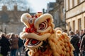 Colorful lion dance troupe surrounded by joyful crowd at chinese new year celebration