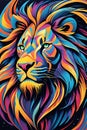 A colorful lion head in motion with optical illusion, dark fantasy athmosphere, cinematic, vibrant and alive