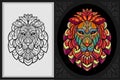 Colorful lion head zentangle art with black line sketch isolated on black and white background Royalty Free Stock Photo