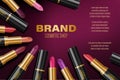 Colorful lipstick ads. Fashion poster design with lipsticks in a circle. Package Product Design. Cosmetics Advertising Royalty Free Stock Photo