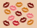 Colorful lipstick kiss print pattern on beige background Royalty Free Stock Photo