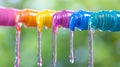 Colorful liquid drips from multicolored containers