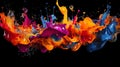Colorful liquid splash a capturing vibrant colored liquids in mid-air, creating abstract shapes. AI generated
