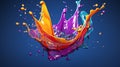 Colorful liquid splashing in the air on a vibrant blue background. Generative ai