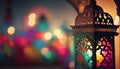 a colorful lit lantern is shown in front of a blurry cityscape in the background of the image is a brightly lit archway