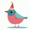 colorful little bird wearing birthday hat