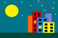 Colorful little houses in the evening. Cartoon style of city buildings Abstract urban landscape with dark night sky, moon and star Royalty Free Stock Photo