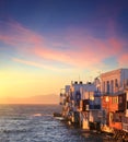 Colorful Little Venice of Mykonos island at sunset , Greece Royalty Free Stock Photo