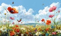 A colorful, lively illustration of a springtime meadow with various flowers and butterflies under a blue sky. Generate AI Royalty Free Stock Photo