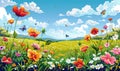 A colorful, lively illustration of a springtime meadow with various flowers and butterflies under a blue sky. Generate AI Royalty Free Stock Photo