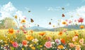 A colorful, lively illustration of a springtime meadow with various flowers and butterflies under a blue sky. Generate AI Royalty Free Stock Photo