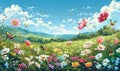 A colorful, lively illustration of a springtime meadow with various flowers and butterflies under a blue sky. Generate AI Royalty Free Stock Photo