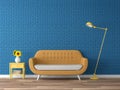 Colorful living room with empty blue brick wall 3d render