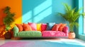 Colorful living room, interior in rich vibrant color palette, modern, multicolored sofa with various brightly colored Royalty Free Stock Photo
