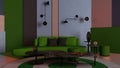 Colorful living room, lounge with green sofa, coffee table and decors, plaster colored panels, round carpet, wall lamps,