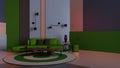 Colorful living room, lounge with green sofa, coffee table and decors, plaster colored panels, round carpet, wall lamps,