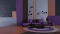 Colorful living room, lounge with violet sofa, coffee table and decors, plaster colored panels, round carpet, wall lamps,