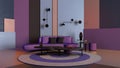 Colorful living room, lounge with violet sofa, coffee table and decors, plaster colored panels, round carpet, wall lamps,