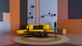 Colorful living room, lounge with yellow sofa, coffee table and decors, plaster colored panels, round carpet, wall lamps,