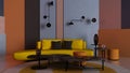 Colorful living room, lounge with yellow sofa, coffee table and decors, plaster colored panels, round carpet, wall lamps,