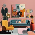 Colorful Living Room With Modernist Illustrations And Art Deco-inspired Elements