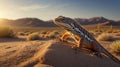 Lizard Posing Proudly on Sand Dune at Sunset Landscape Background Royalty Free Stock Photo