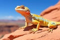 a colorful lizard basking in the sun atop a desert rock