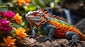 Vibrant Orange and Teal Iguana Lizard in Lush Floral Garden Royalty Free Stock Photo