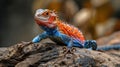 Colorful Lizard Relaxing on Textured Log: Intricate Red and Blue Scales Highlight Reptilian Features