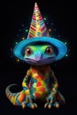 A colorful lizard wearing a colorful hat