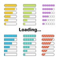 Colorful loading or progress bars set. Different type web UI elements. Vector design Royalty Free Stock Photo