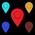 Colorful location icons. Red pin focus. Map marker shapes. Black background vector.
