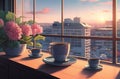 Colorful Lofi Anime Style: Coffee on the Balcony Corner.