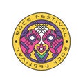 Colorful logo with acoustic guitars. Music concert. Line art with colorful fill. Abstract vector design for festival