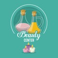 Colorful logo of beauty center with set of floral bottles essences and candles