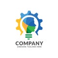 Colorful logo combining bulb, gear with a human head design