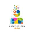 Colorful logo design with abstract geometric creative idea or human thinking process. Gear mechanism in man s head