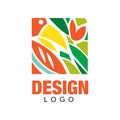 Colorful logo design in rectangular shape. Abstract tropical bird with brightly orange beak. Flat vector element for