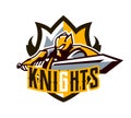 A colorful logo, a sticker, an emblem, a knight is attacking with a sword. Gold armor of the knight, paladin, swordsman