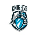 Colorful logo, sticker, emblem of the knight in iron armor. Knight of the Middle Ages, shield, warrior, swordsman