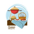 Colorful logo summer picnic with charcoal grill and burger and picnic basket over tablecloth