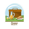 Colorful logo summer picnic with outdoor landscape with picnic basket and dish with sandwich and juice jar