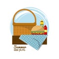 Colorful logo summer picnic with picnic basket on table over tablecloth with burger and sauces