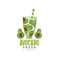 Logo with halves of green avocado in glass. Delicious and healthy beverage. Fresh vegetable juice. Vector for product