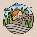 Colorful logotype with rural or countryside landscape, farm building, hills and field in modern line art style. Round