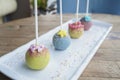 Colorful lolipop ball candy sticks on white plate