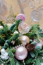 Many colorful lollipop on decorated Christmas tree, top view,balls, stars, cones, hearts, gold toys Royalty Free Stock Photo