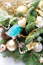 Many colorful lollipop on decorated Christmas tree, top view,balls, stars, cones, hearts, gold toys Royalty Free Stock Photo