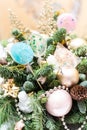 Many colorful lollipop on decorated Christmas tree, top view,balls, stars, cones, hearts, gold toys Royalty Free Stock Photo